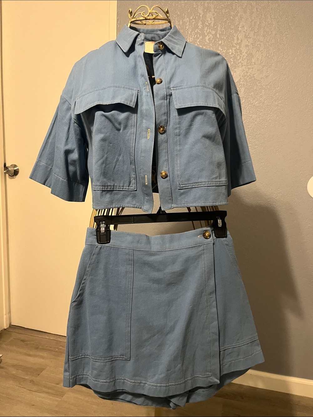 Good Luck Gem Light Blue Cropped Jacket and Skort Set